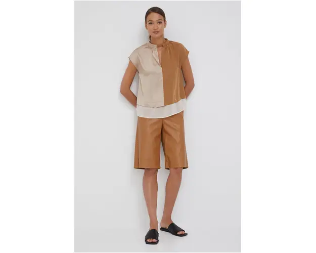 Sisley pantaloni scurti femei, culoarea bej, neted, high waist