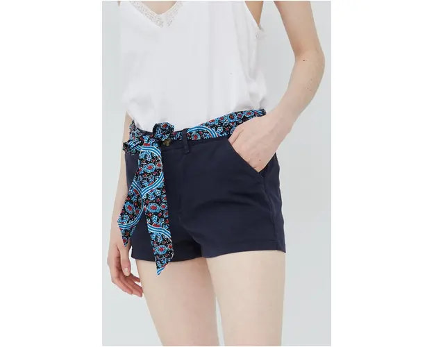 Superdry pantaloni scurti femei, culoarea albastru marin, neted, medium waist