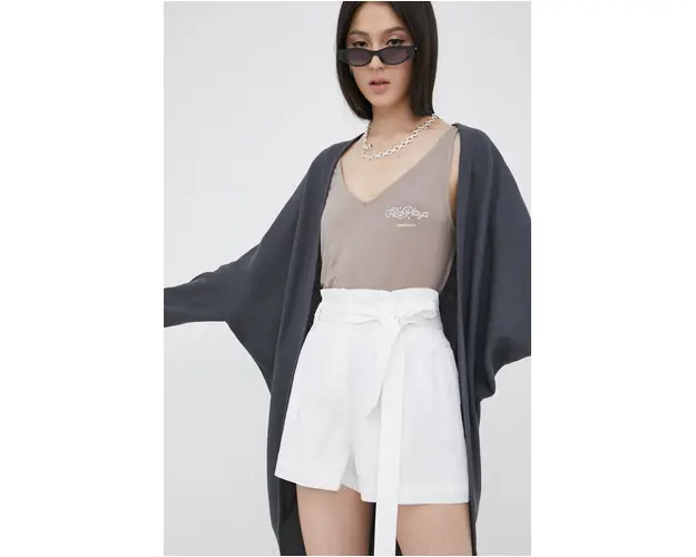 Superdry pantaloni scurti femei, culoarea alb, neted, high waist