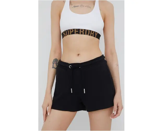Superdry pantaloni scurti femei, culoarea negru, neted, medium waist