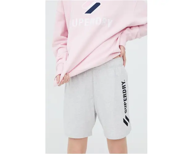 Superdry pantaloni scurti din bumbac femei, culoarea gri, cu imprimeu, high waist