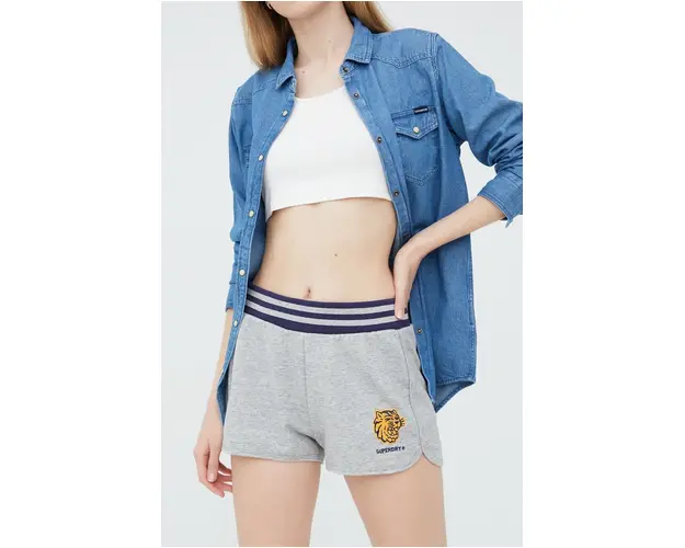 Superdry pantaloni scurti femei, culoarea gri, cu imprimeu, high waist