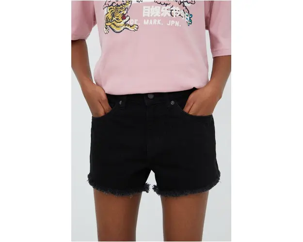 Superdry pantaloni scurti jeans femei, culoarea negru, neted, high waist
