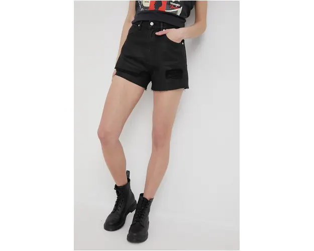 Wrangler pantaloni scurti jeans femei, culoarea negru, neted, high waist