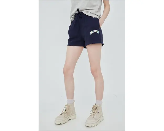 Champion pantaloni scurti 114967 femei, culoarea albastru marin, cu imprimeu, high waist