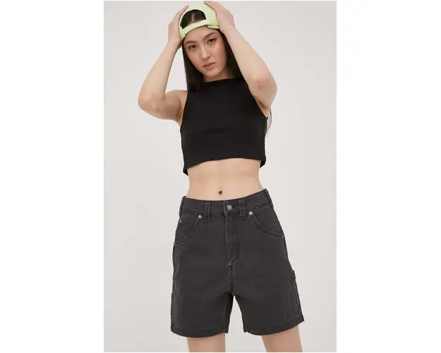 Dickies pantaloni scurti jeans femei, culoarea negru, neted, high waist
