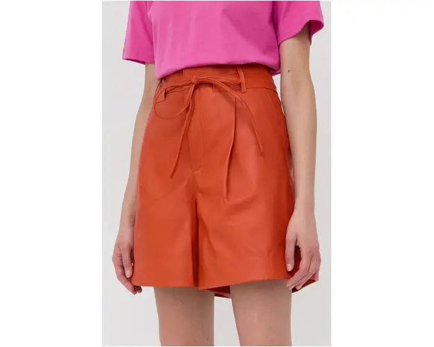 Gestuz pantaloni scurti de piele femei, culoarea portocaliu, neted, high waist