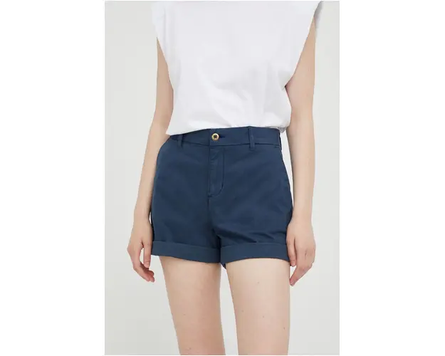 Mustang pantaloni scurti Chino Shorts femei, culoarea albastru marin, neted, high waist