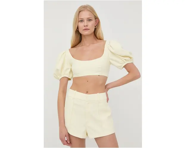 For Love & Lemons pantaloni scurti femei, culoarea galben, neted, high waist