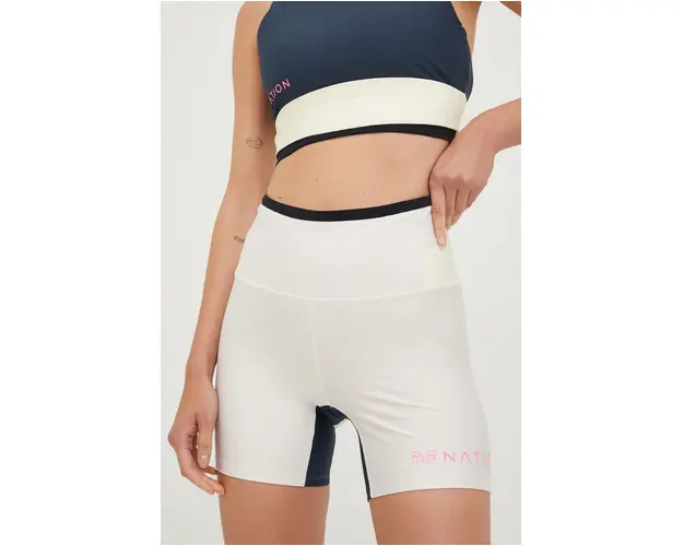 P.E Nation pantaloni scurti de antrenament Outline femei, culoarea bej, cu imprimeu, high waist