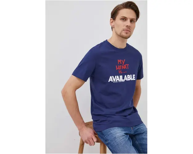 Desigual tricou din bumbac culoarea albastru marin, cu imprimeu