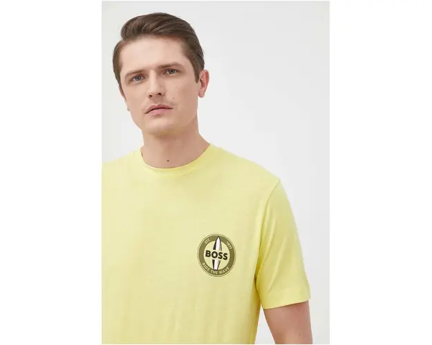 BOSS tricou barbati, culoarea galben, cu imprimeu