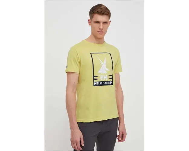 Helly Hansen tricou din bumbac barbati, culoarea galben, cu imprimeu