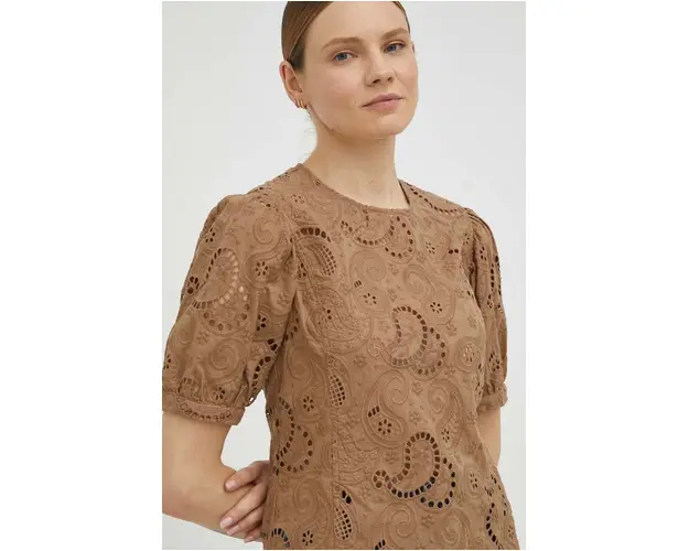 Herskind bluza din bumbac femei, culoarea maro, neted