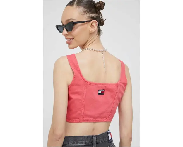 Tommy Jeans top din denim culoarea roz