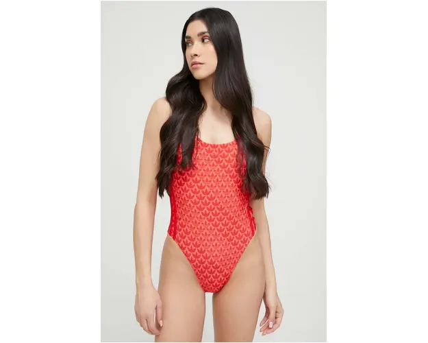 adidas Originals costum de baie dintr-o bucata Monogram 3-Stripes culoarea rosu, cupa moale