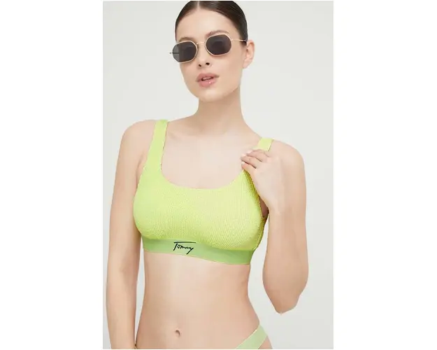 Tommy Jeans sutien de baie culoarea verde, cupa moale