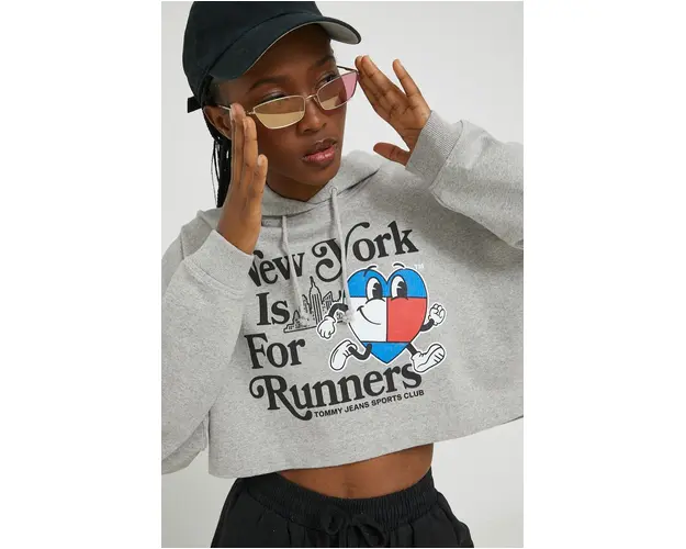 Tommy Jeans hanorac de bumbac femei, culoarea gri, cu gluga, cu imprimeu