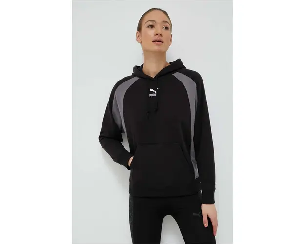 Puma bluza femei, culoarea negru, cu gluga, modelator