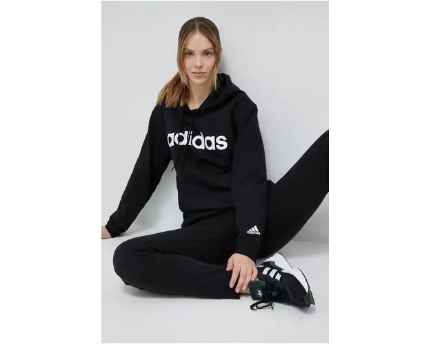 adidas hanorac de bumbac femei, culoarea negru, cu gluga, modelator