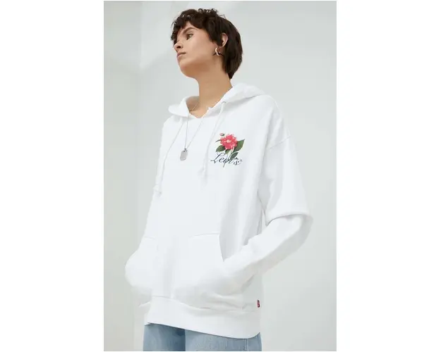Levi's hanorac de bumbac femei, culoarea alb, cu gluga, cu imprimeu