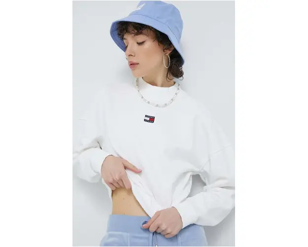 Tommy Jeans hanorac de bumbac femei, culoarea alb, neted