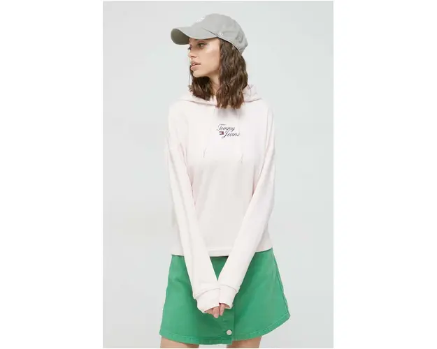 Tommy Jeans bluza femei, culoarea roz, cu gluga, cu imprimeu