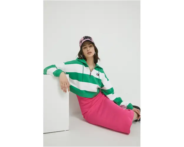 Tommy Jeans hanorac de bumbac femei, culoarea verde, cu gluga, modelator