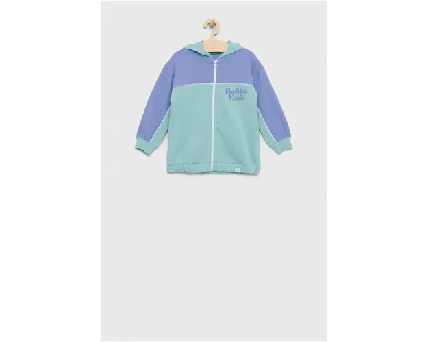 United Colors of Benetton hanorac de bumbac pentru copii culoarea turcoaz, cu gluga, cu imprimeu
