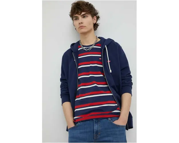 Levi's hanorac de bumbac barbati, culoarea albastru marin, cu gluga, neted