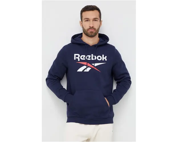 Reebok bluza barbati, culoarea albastru marin, cu gluga, cu imprimeu
