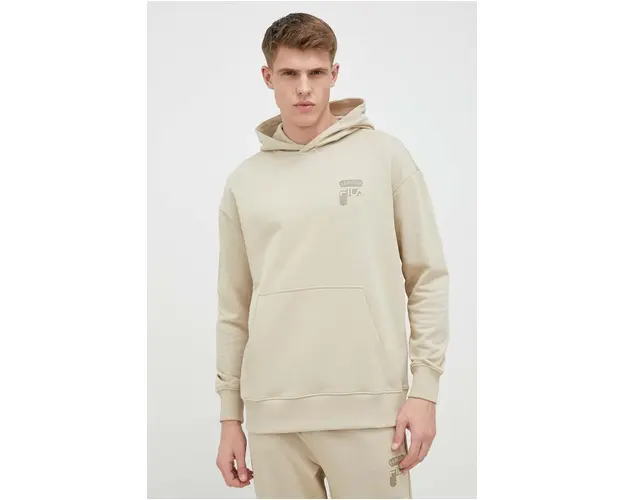 Fila hanorac de bumbac barbati, culoarea bej, cu gluga, cu imprimeu