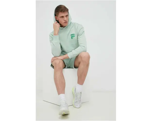 Fila hanorac de bumbac barbati, culoarea turcoaz, cu gluga, cu imprimeu