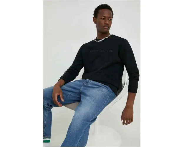 Bruuns Bazaar hanorac de bumbac Birk Crew barbati, culoarea negru, cu imprimeu