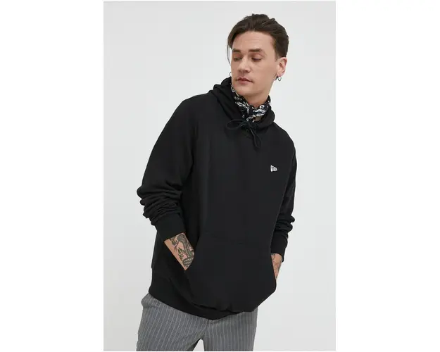 New Era bluza barbati, culoarea negru, cu gluga, neted
