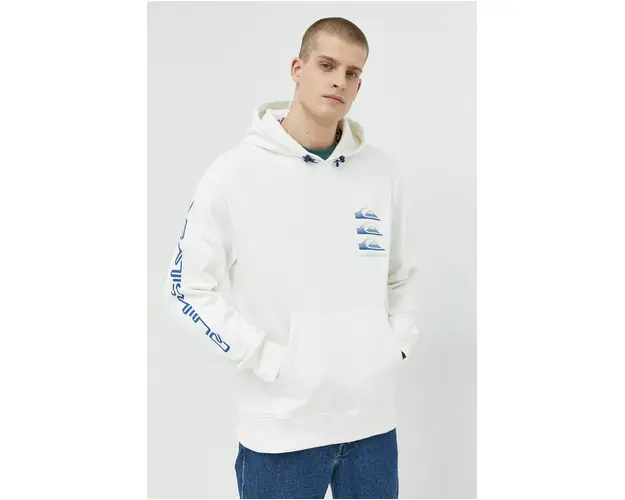 Quiksilver hanorac de bumbac barbati, culoarea alb, cu gluga, cu imprimeu