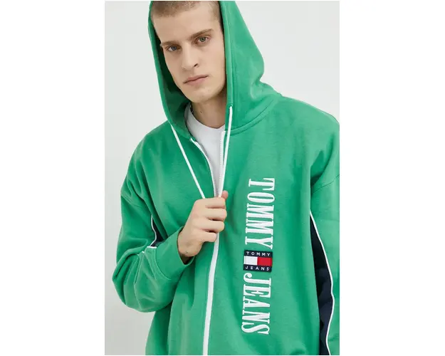 Tommy Jeans bluza barbati, culoarea verde, cu gluga, cu imprimeu