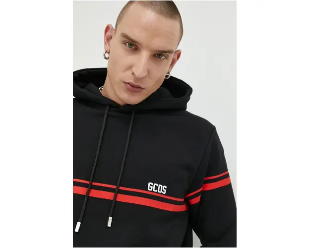 GCDS hanorac de bumbac barbati, culoarea negru, cu gluga, cu imprimeu