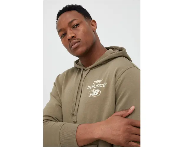 New Balance bluza barbati, culoarea verde, cu gluga, cu imprimeu