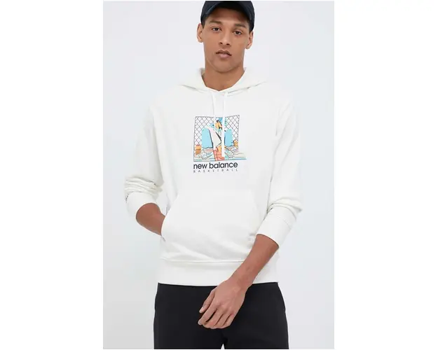 New Balance bluza barbati, culoarea bej, cu gluga, cu imprimeu