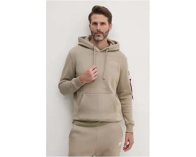 Alpha Industries bluza barbati, culoarea bej, cu gluga, cu imprimeu