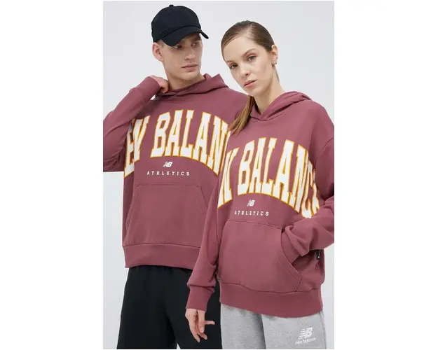 New Balance hanorac de bumbac culoarea roz, cu gluga, cu imprimeu