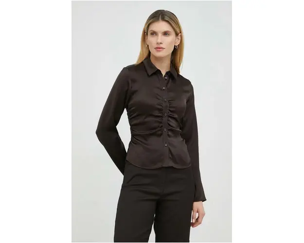 Samsoe Samsoe camasa femei, culoarea maro, cu guler clasic, slim
