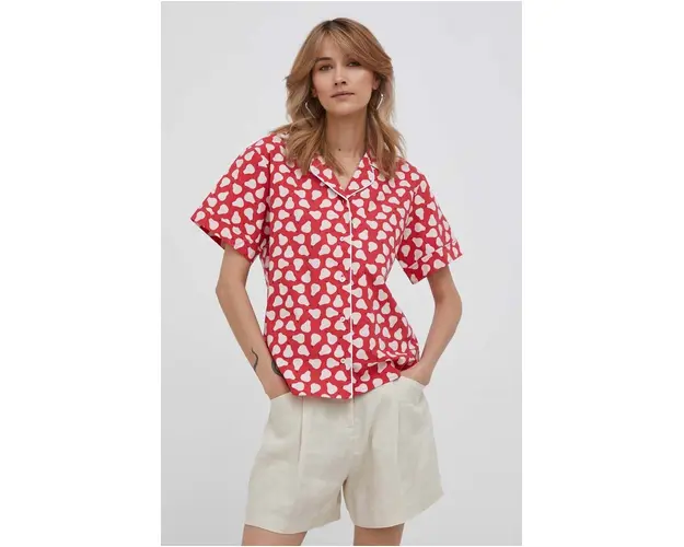 United Colors of Benetton camasa din bumbac femei, culoarea rosu, cu guler clasic, regular