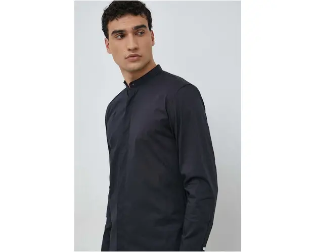 Lindbergh camasa barbati, culoarea negru, cu guler stand-up, slim