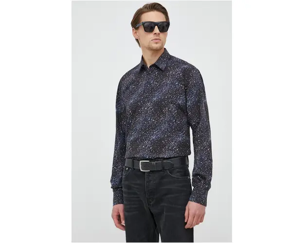 Karl Lagerfeld camasa din bumbac barbati, culoarea negru, cu guler clasic, regular