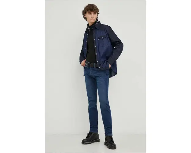 Levi's camasa jeans barbati, culoarea albastru marin, cu guler clasic, regular