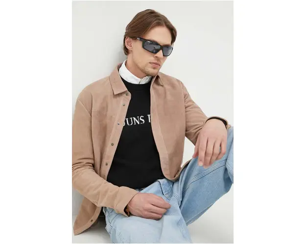 Bruuns Bazaar camasa de piele intoarsa Barley culoarea bej, cu guler clasic, regular