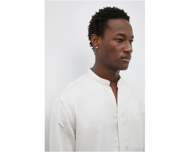 Bruuns Bazaar camasa din amestec de in Lin Jour culoarea bej, cu guler stand-up, regular