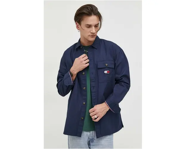 Tommy Jeans camasa din bumbac barbati, culoarea albastru marin, cu guler clasic, relaxed